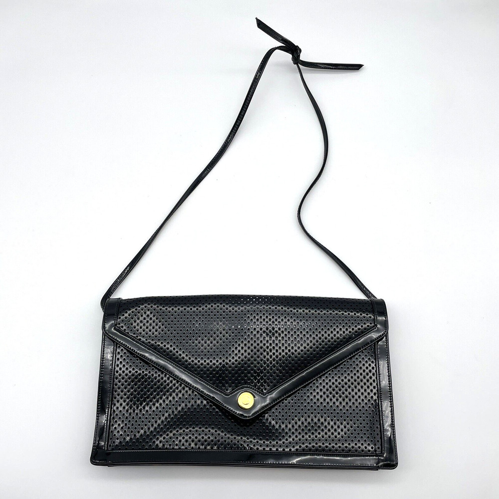 Vintage 70s Meyers Black Patent Vinyl Mesh Envelope Shoulder Bag Purse Clutch